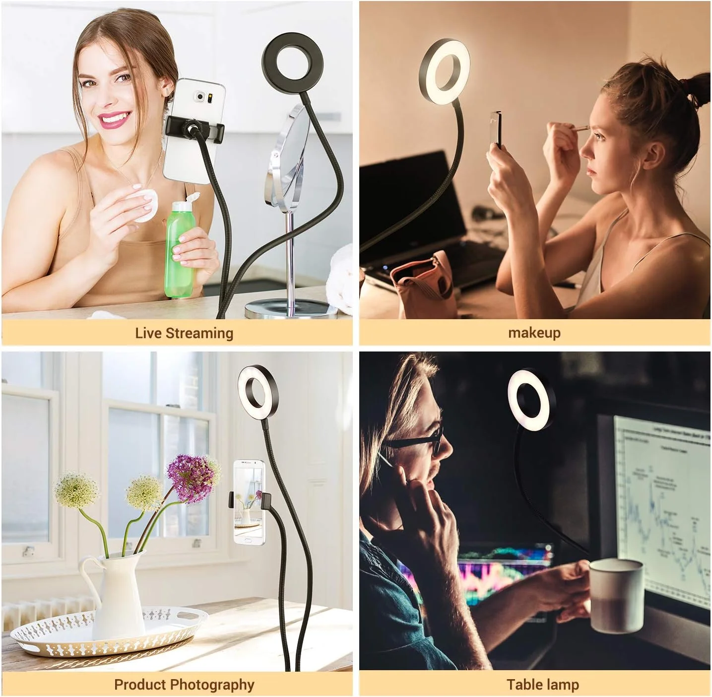 پایه نور وب کم Fawoonu با گیره 3.5 اینچی، نور حلقه ای مینی USB با 3 حالت نورپردازی، بازوهای انعطاف پذیر قابل تنظیم با پایه وب کم و نگهدارنده تلفن برای پخش زنده، ویدئو آنلاین و سلفی