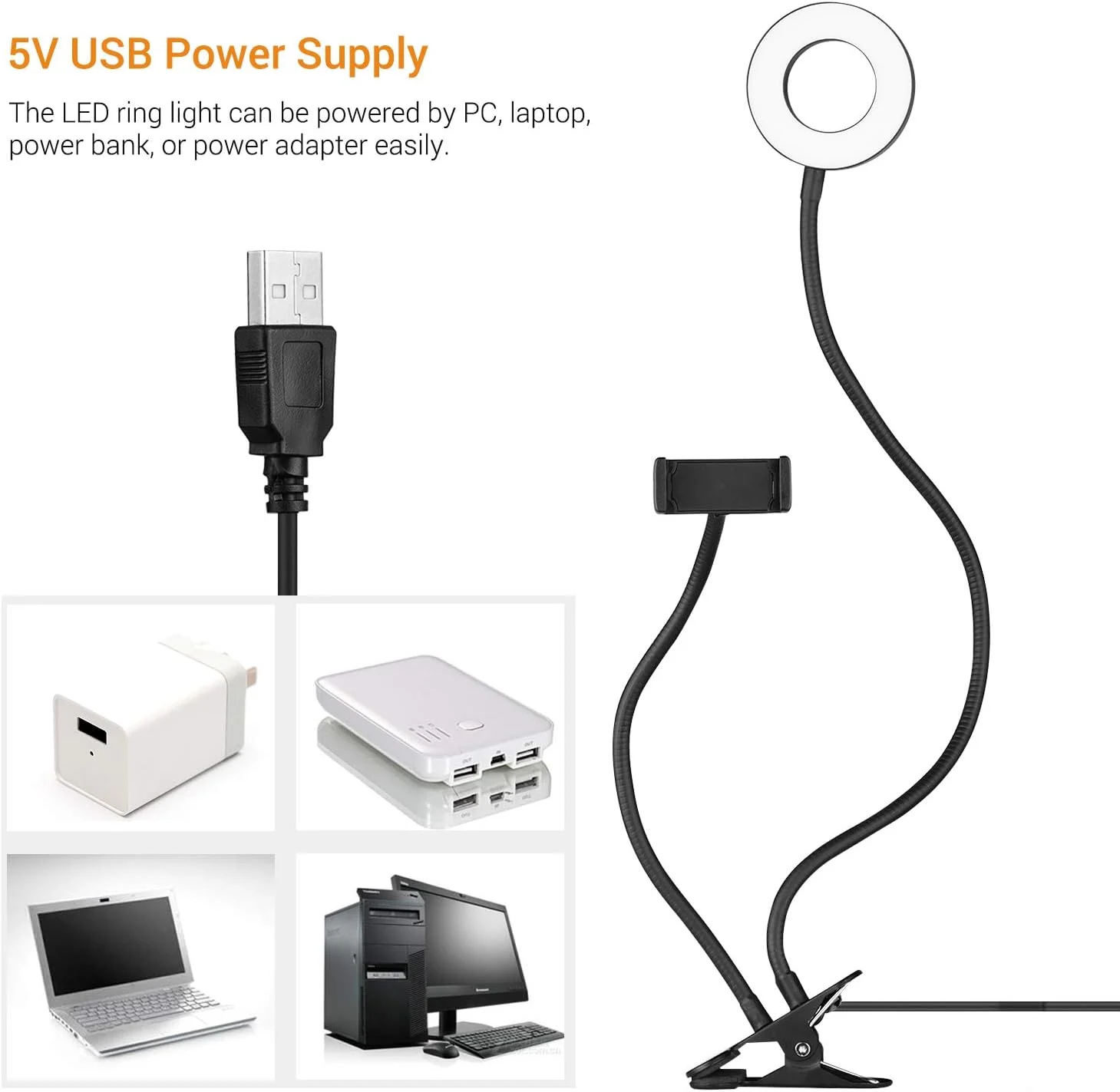 پایه نور وب کم Irovami، نور حلقه ای مینی USB گیره ای 3.5 اینچی با 3 حالت نورپردازی و طراحی بازوهای انعطاف پذیر با پایه وب کم و نگهدارنده تلفن برای پخش زنده، ویدئو آنلاین و سلفی