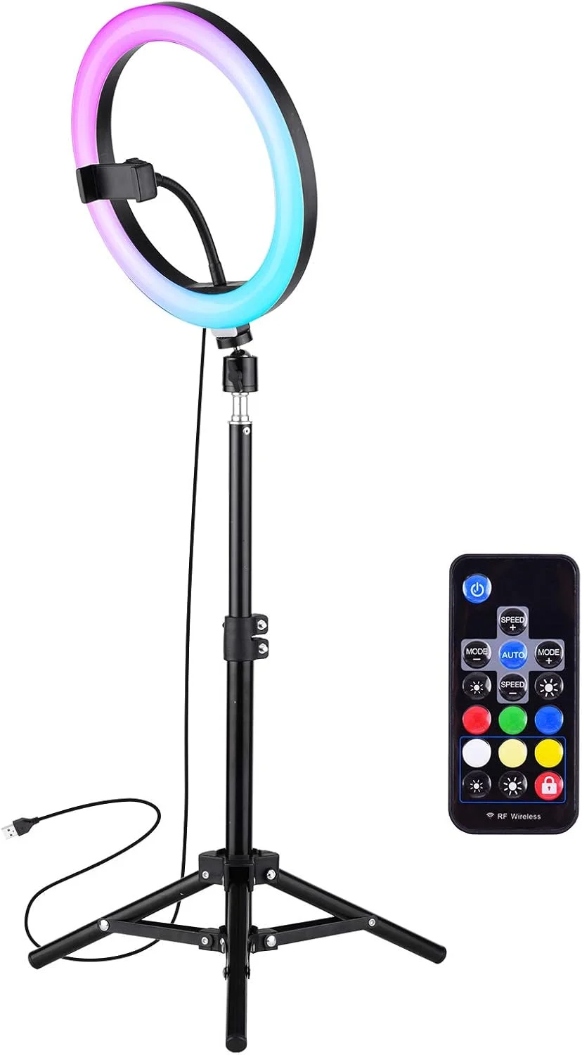 ست نور حلقه ای LED ده اینچی Irovami، رنگ RGB، 3000-6000K با قابلیت تنظیم نور پیوسته، به همراه هولدر موبایل، کنترل از راه دور و شاتر از راه دور برای پخش زنده، سلفی و آرایش