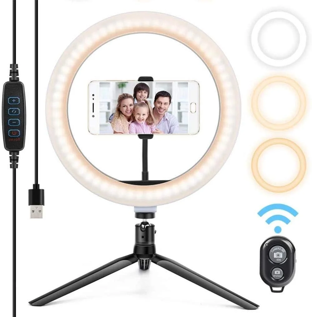 نور حلقه ای برای عکاسی سلفی با نور LED دیمر پذیر 10 اینچی به همراه سه پایه wenfeng1991