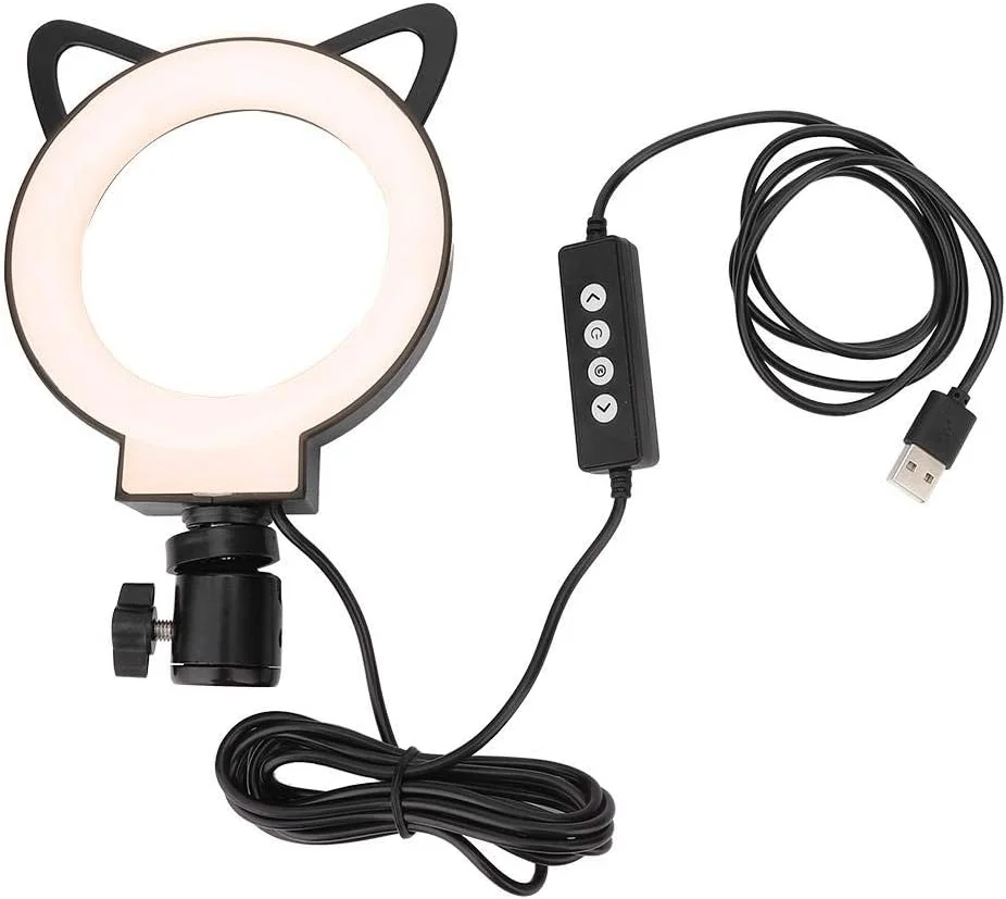 نور حلقه ای ال ای دی 5 اینچی با قابلیت تنظیم نور 3000-6000K، چراغ حلقه ای ال ای دی پایه دار، چراغ حلقه ای طرح گوش گربه ای برای سلفی، پخش زنده، آرایش و لوسیون مو