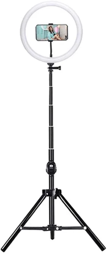 نور پرکننده چراغ زیبایی حلقه ای 10 اینچی LED با کنترل از راه دور بلوتوثی سلفی، سه پایه نور عکاسی تلسکوپی نور پرکننده زنده برای آرایش زنده (رنگ: مشکی، اندازه: 36x8x36 سانتی متر)
