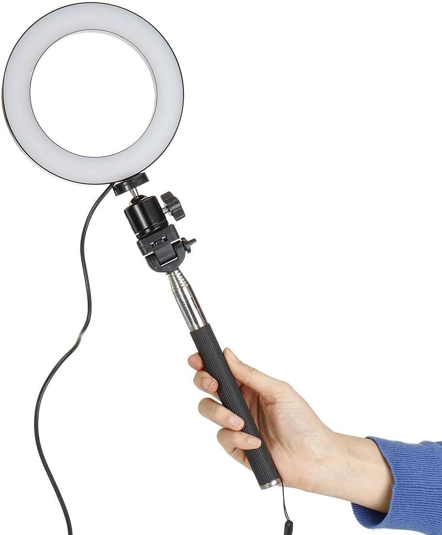 نور پرکننده بلوتوثی با سه پایه و میله سلفی به همراه حلقه نور LED با پایه، کیت نورپردازی برای ویدیوهای یوتیوب و استریمینگ، حلقه نور رومیزی برای آرایش، حلقه نور قابل تنظیم (رنگ: سفید، اندازه: 6 اینچ)