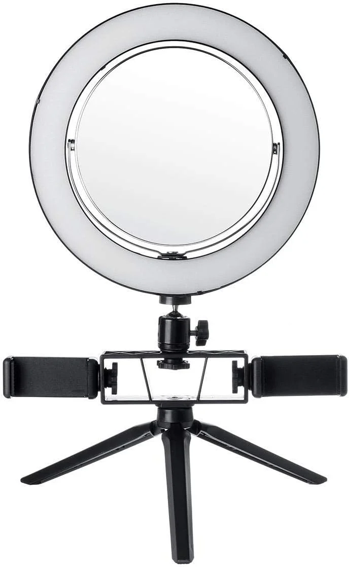 نور پرکننده LED دیمر دار با پایه سه پایه رینگ لایت ویدئویی به همراه آینه و 2 گیره تلفن برای آرایش تیک تاک و پخش زنده 8.7/12.6 اینچ رینگ لایت سفید (رنگ: سفید، سایز: 22 سانتی متر)