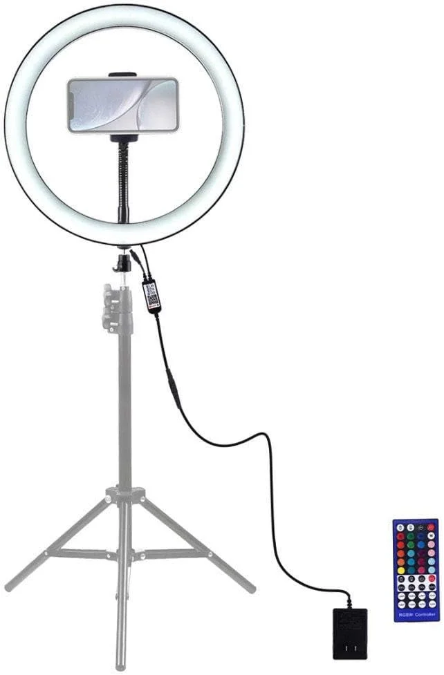 نور پرکننده 12 اینچی LED RGB دایره ای با قابلیت تنظیم نور و بلوتوث به همراه نگهدارنده تلفن همراه برای پخش زنده سلفی و ولاگ (رنگ: سفید، سایز: تک سایز)