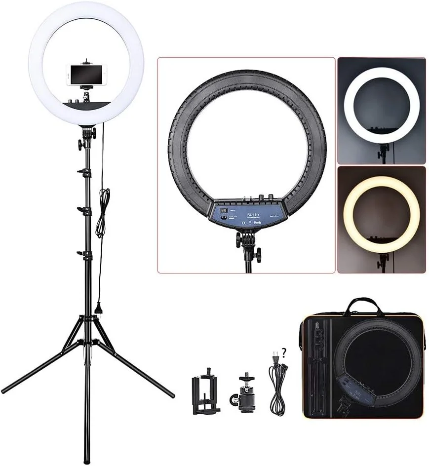 نور ال ای دی برای زیبایی، نور حلقه ای دو رنگ با دمای رنگی 18 اینچی، نور زنده سلفی تلفن همراه برای آرایش زنده (رنگ: مشکی، اندازه: 50x55x20 سانتی متر)