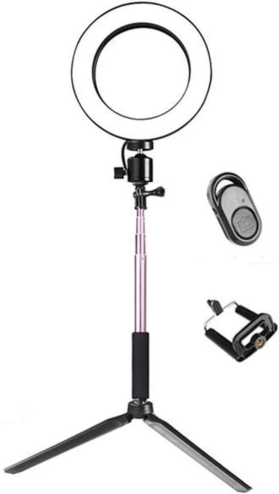 نور حلقه ای ال ای دی برای عکس، فیلم، نورپردازی ویدئویی با پایه سلفی استیک قابل افزایش و گیره تلفن برای پخش زنده تیک تاک و یوتیوب (رنگ: مشکی، اندازه: 58-123 سانتی متر)