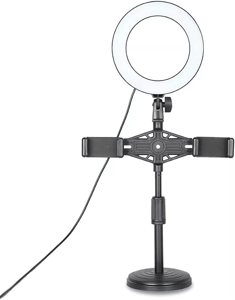 نور حلقه ای LED رومیزی، چراغ لایو، لامپ پُرکننده USB با قابلیت تنظیم نور به همراه هولدر موبایل و سه پایه 5600K قابل تنظیم برای سلفی موبایل (رنگ: هولدر موبایل دوتایی، سایز: 16 سانتی متر)