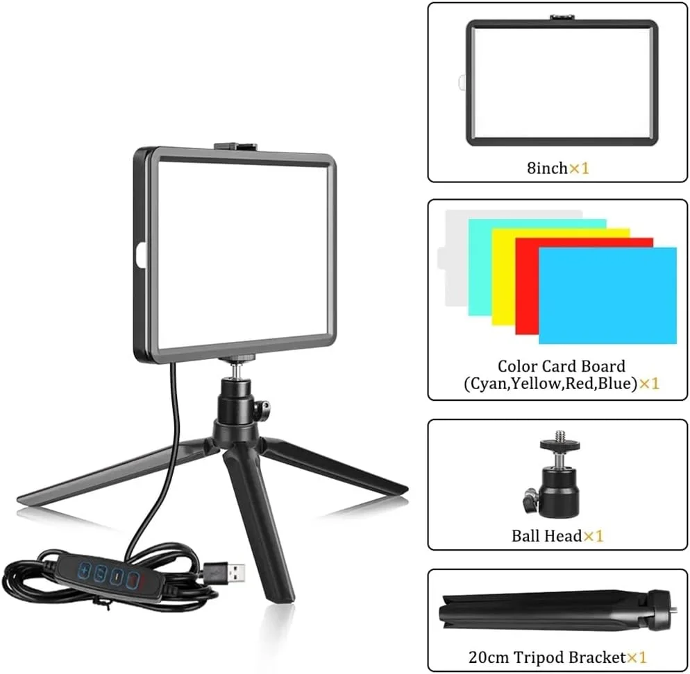 چراغ LED پنل تخت قابل تنظیم نور 8 اینچی برای عکاسی، نور ویدئویی 3300-5600K برای پخش زنده، پنل نور استودیوی عکس (رنگ: نقره ای، اندازه: تک سایز)