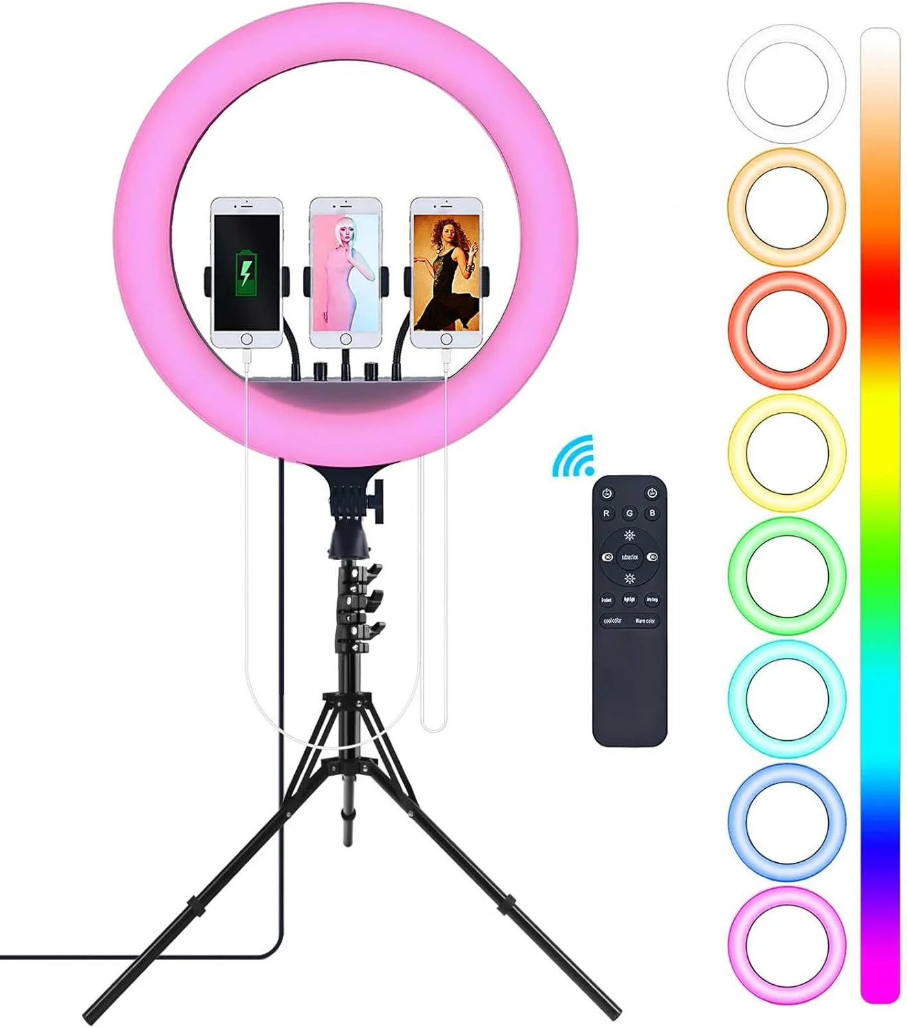 لوستر مدرن چراغ سقفی ال ای دی حلقه ای، چراغ حلقه ای 18 اینچی، حلقه نور RGB با پایه سه پایه و نگهدارنده تلفن، قابل تنظیم نور 2700k-6500k