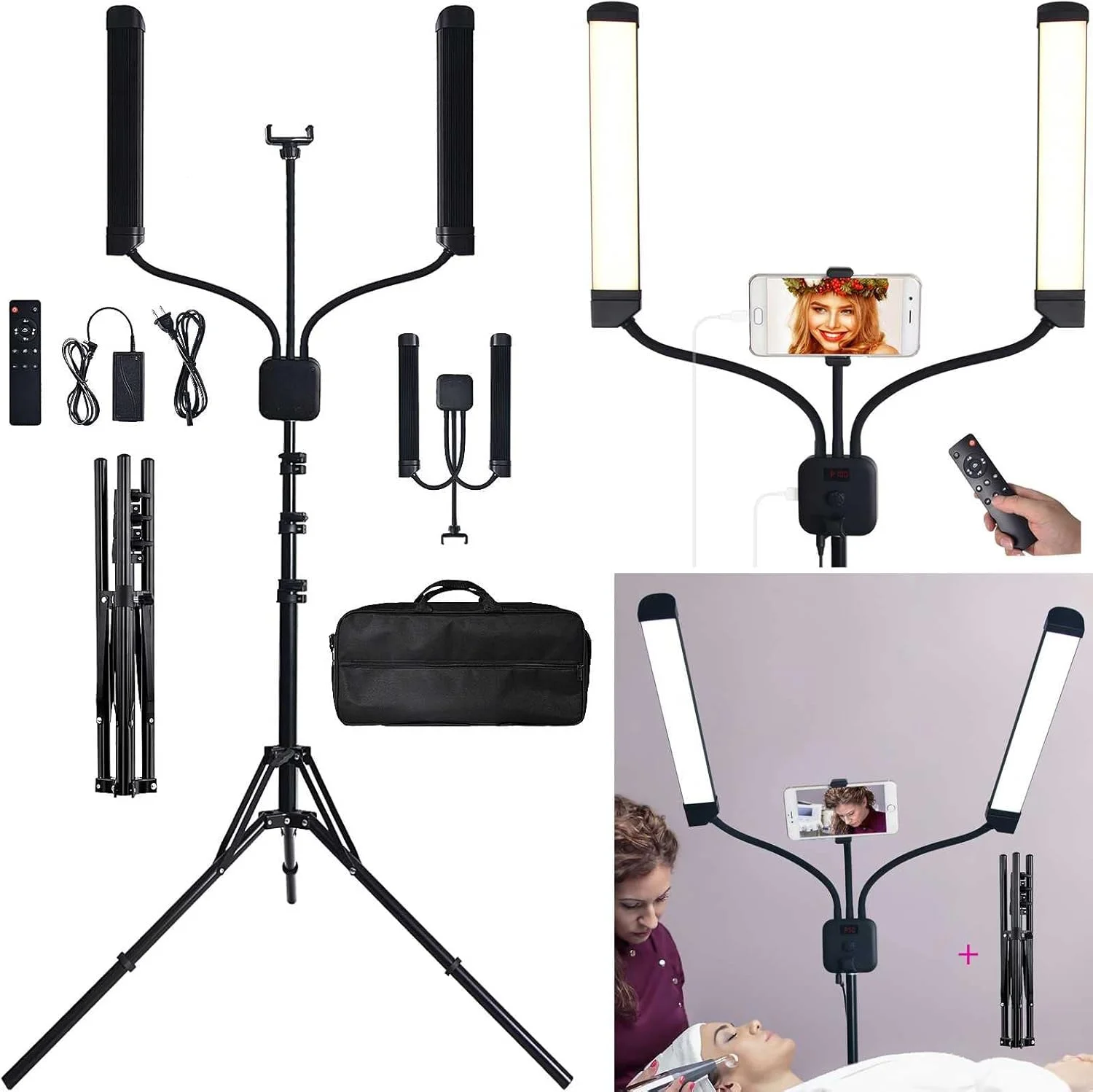 لوستر چراغ سقفی مدرن، چراغ مژه، چراغ زمینی 40 وات جمینی برای نورپردازی آرایشگر، چراغ زیبایی، چراغ تاتو ابرو استودیو نورپردازی ویدئویی عکاسی با سه پایه و کیف