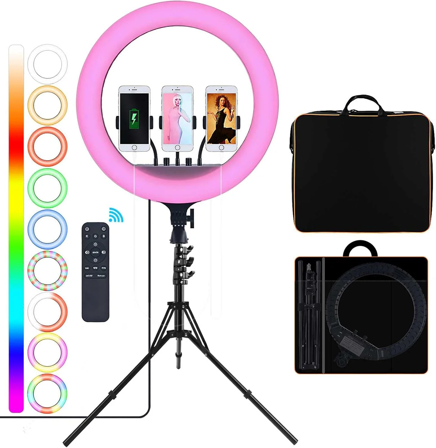 چراغ سقفی مدرن لوستر، چراغ حلقه ای 18 اینچی، حلقه نور RGB با پایه سه پایه و نگهدارنده تلفن، کنترل از راه دور/برنامه، چراغ حلقه ای LED دیمر با نگهدارنده تلفن برای سلفی آرایش و ویدیو