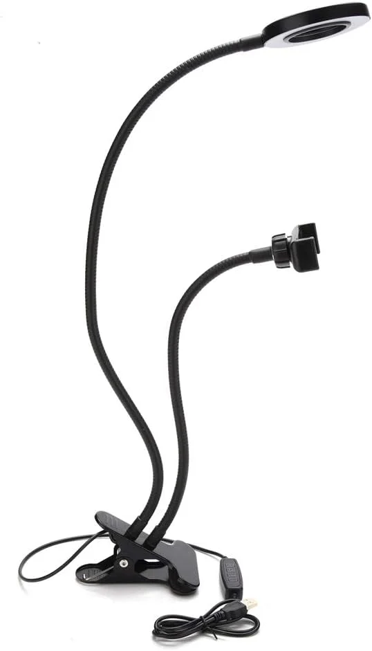 نور حلقه ای LED رومیزی با قابلیت تنظیم چرخش 360 درجه به همراه پایه نگهدارنده رومیزی و گیره تلفن همراه برای پخش زنده، آرایش، سلفی و ویدیو (مشکی)