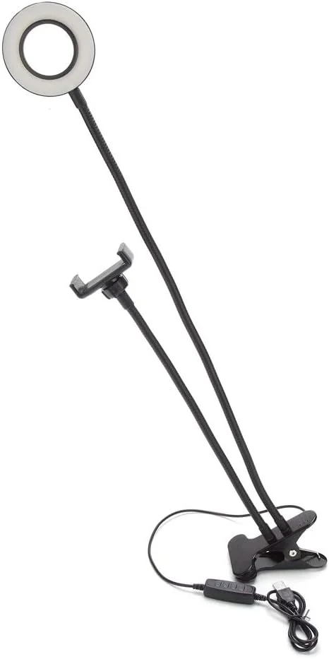 نور حلقه ای LED رومیزی با قابلیت تنظیم چرخش 360 درجه به همراه پایه نگهدارنده رومیزی و گیره تلفن همراه برای پخش زنده، آرایش، سلفی و ویدیو (مشکی)