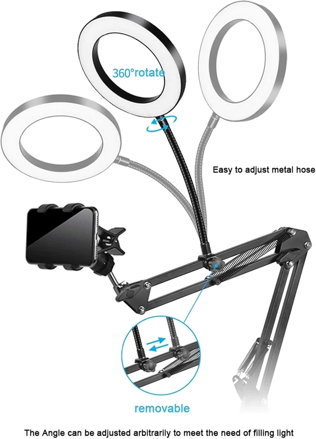 پایه نگهدارنده گوشی موبایل گردن غازی، پایه تلفن همراه با قابلیت چرخش 360 درجه، بازوی انعطاف پذیر با نور حلقه ای LED، نور پرکننده برای آرایش ویدئویی، عکاسی سلفی، هولدر تنبل