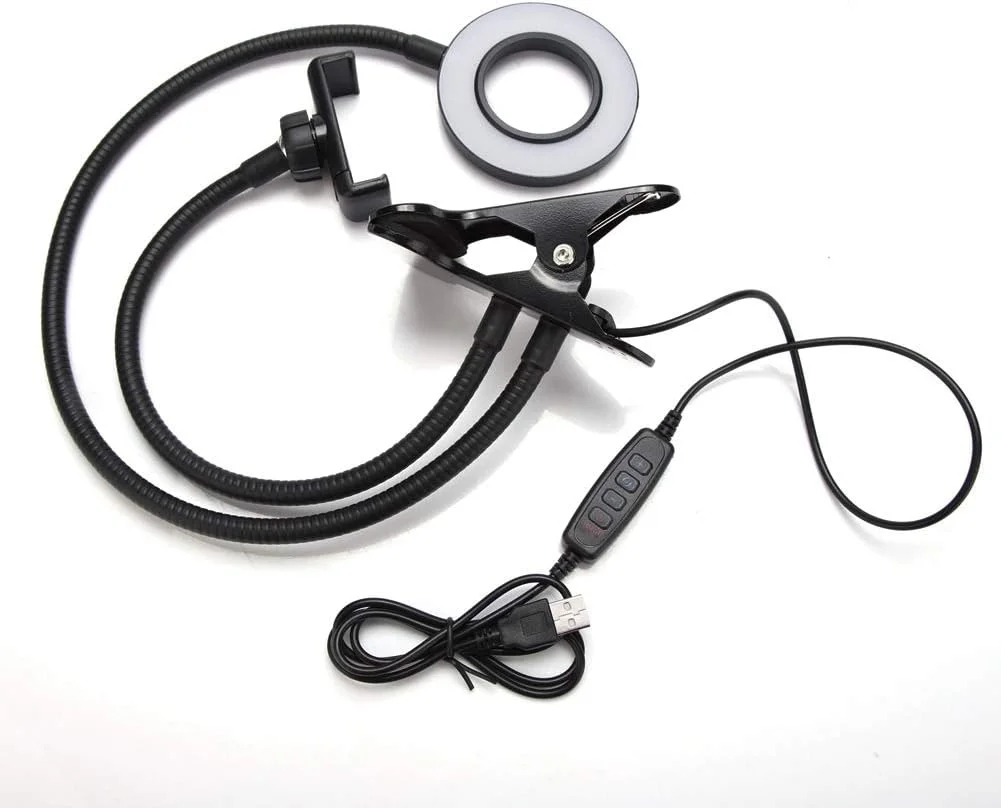 نور حلقه ای LED رومیزی با قابلیت تنظیم چرخش 360 درجه به همراه پایه نگهدارنده رومیزی و گیره تلفن همراه برای پخش زنده، آرایش، سلفی و ویدیو (مشکی)