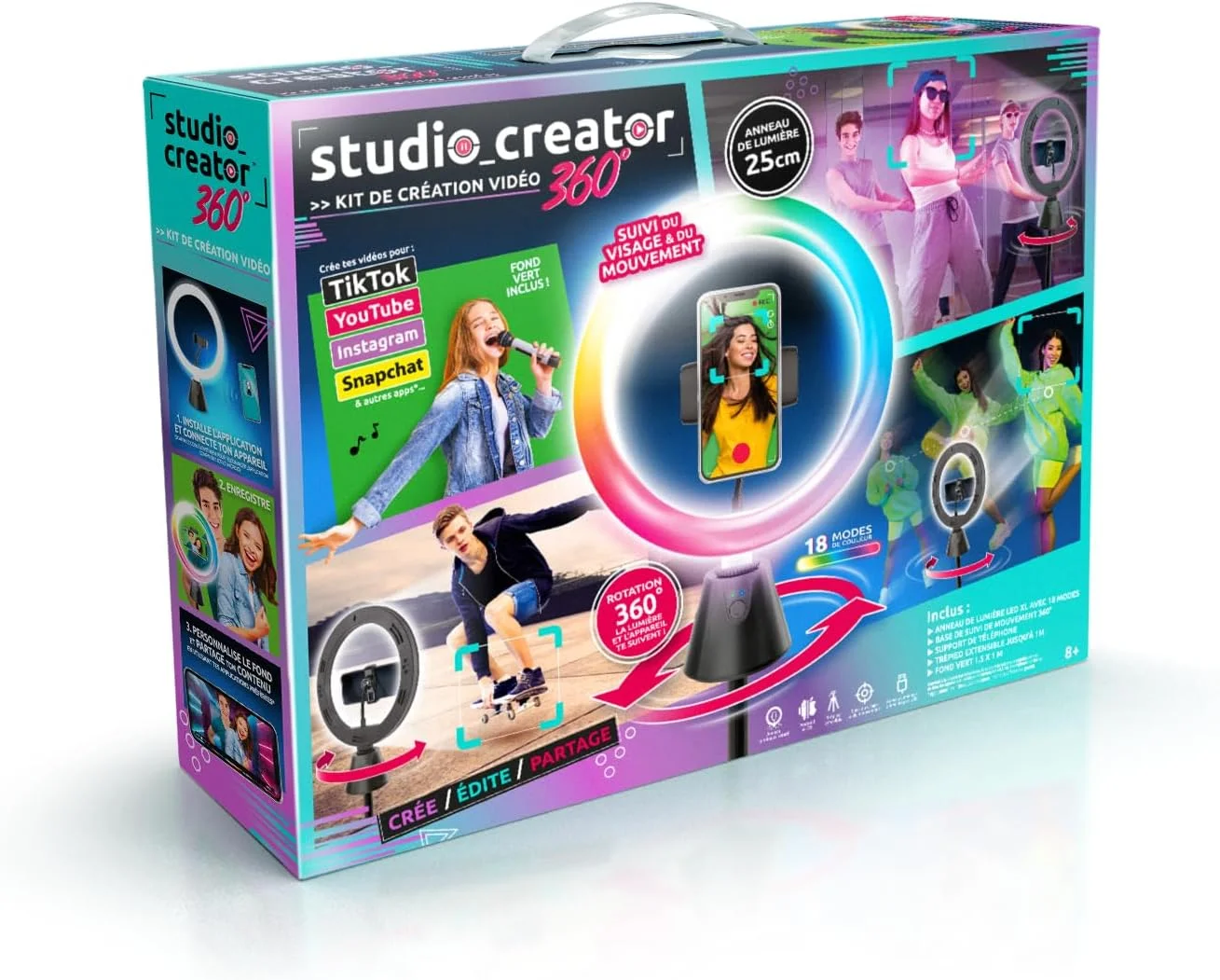 Canal Toys INF 028 چراغ حلقه ای LED هوشمند با قابلیت ردیابی حرکت، مناسب گوشی های هوشمند-TikTok، سلفی، ولاگ و اینفلوئنسر، دارای نگهدارنده آیفون و ریموت کنترل، تجهیزات ضبط ویدیو، سه پایه مشکی، Studio Creato