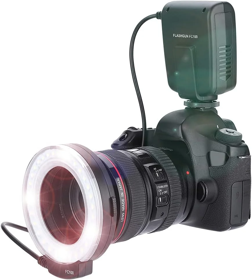 فلاش حلقه ای ماکرو LED قابل حمل FC-100 با دمای رنگ 5500K، تنظیم روشنایی، اسپیدلایت، کیت نور پرکننده دوربین فیلمبرداری با 8 حلقه آداپتور و کنترلر برای دوربین های کانن و نیکون فلاش حلقه ای ماکرو LED قابل حمل FC-100 با دمای رنگ 5500K، تنظیم روشنایی، اسپیدلایت، کیت نور پرکننده دوربین فیلمبرداری با 8 حلقه آداپتور و کنترلر برای دوربین های کانن و نیکون
