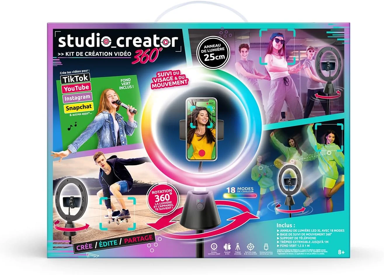 Canal Toys INF 028 چراغ حلقه ای LED هوشمند با قابلیت ردیابی حرکت، مناسب گوشی های هوشمند-TikTok، سلفی، ولاگ و اینفلوئنسر، دارای نگهدارنده آیفون و ریموت کنترل، تجهیزات ضبط ویدیو، سه پایه مشکی، Studio Creato