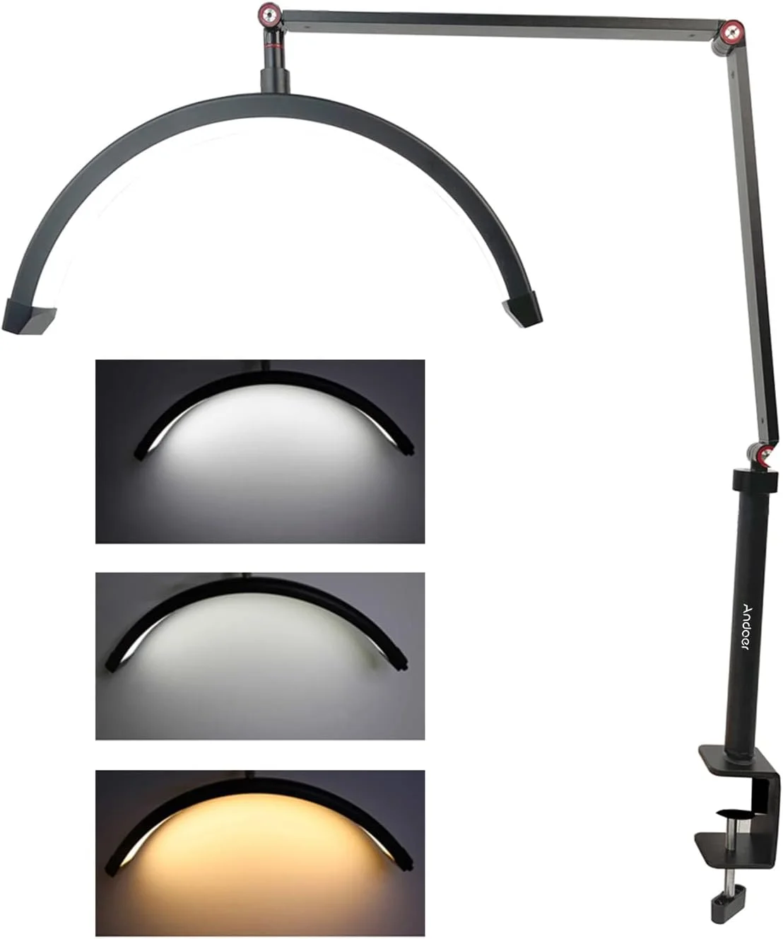 نور ویدئویی LED رومیزی مدل Morelian HD-M3X، نور نیمه ماه قابل تنظیم 3000K-6000K با پایه فلزی گیره دار برای آرایشگاه، پخش زنده و نور کنار تخت نور ویدئویی LED رومیزی مدل Morelian HD-M3X، نور نیمه ماه قابل تنظیم 3000K-6000K با پایه فلزی گیره دار برای آرایشگاه، پخش زنده و نور کنار تخت