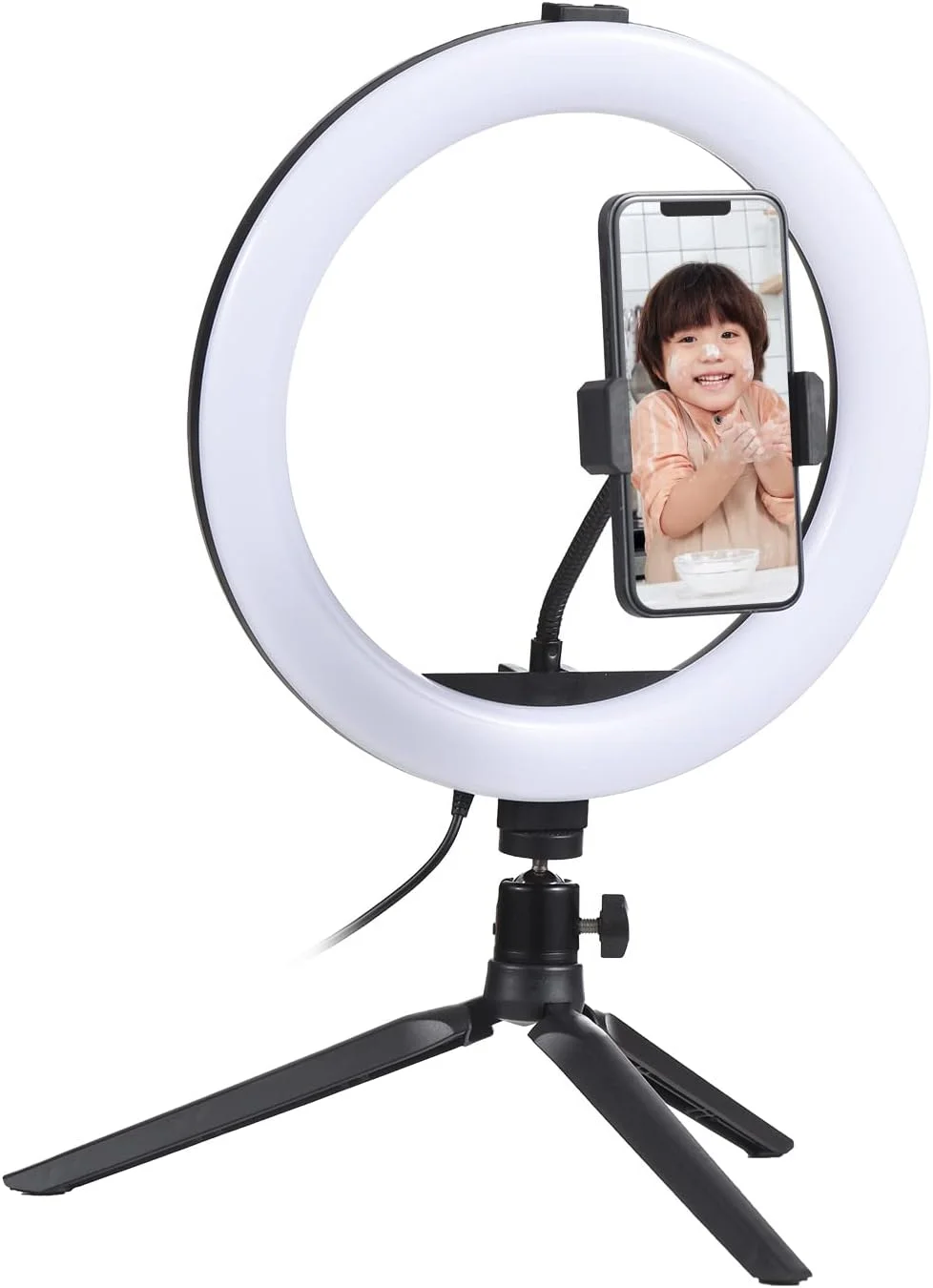 نور حلقه ای ال ای دی 10 اینچی Morelian برای نورپردازی کنفرانس ویدیویی، 3 حالت، 11 سطح روشنایی قابل تنظیم، تغذیه از طریق USB با سه پایه رومیزی + نگهدارنده تلفن انعطاف پذیر + آداپتور سر توپی برای پخش زنده و سلفی