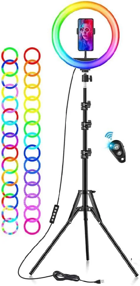 نور حلقه ای ال ای دی 10 اینچی OQAAB، چراغ حلقه ای RGB، چراغ حلقه ای USB، چراغ سلفی عکس با ریموت و پایه تلفن برای پخش زنده ویدئو و عکاسی
