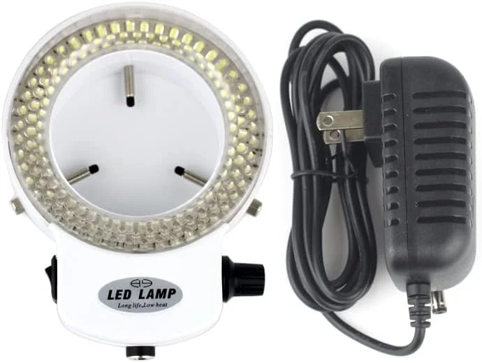 حلقه نور 144 LED برای میکروسکوپ، روشنایی قابل تنظیم 0-100%، آداپتور AC 110V-220V (رنگ: سفید)