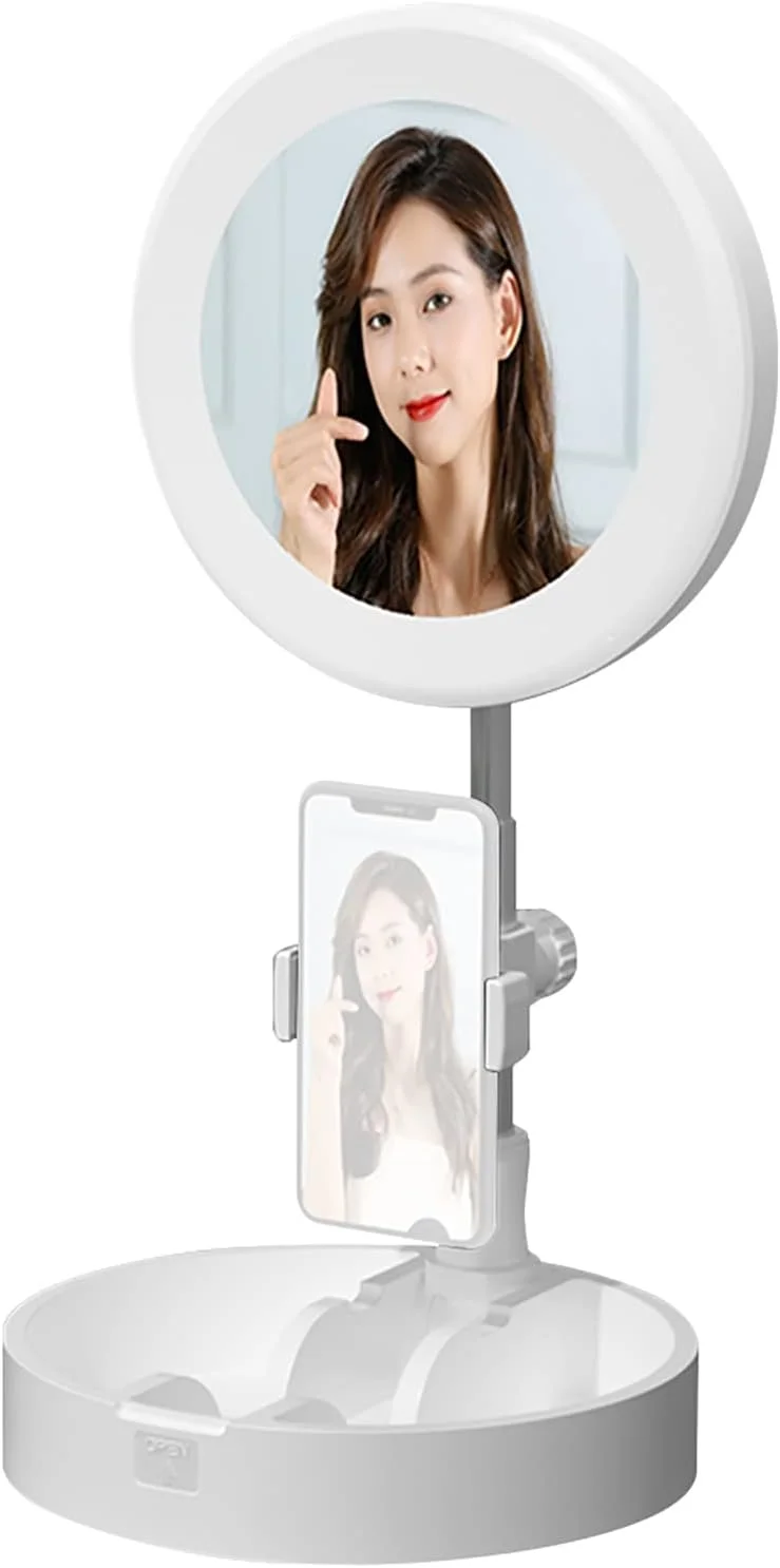 چراغ عکاسی Fawoonu، چراغ حلقه ای LED قابل حمل تاشو، چراغ دایره ای رومیزی با نور پرکننده قابل تنظیم، دارای آینه آرایش و نگهدارنده تلفن، 3 حالت رنگی و 10 روشنایی برای پخش زنده ویدیو سلفی