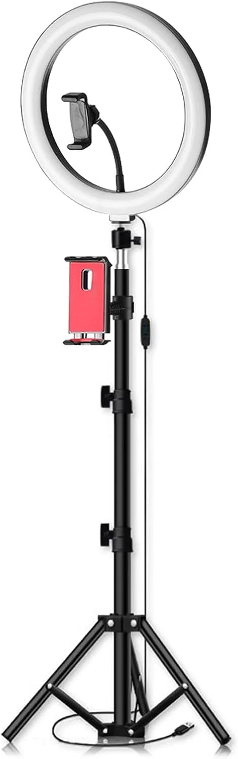 حلقه نور ال ای دی 26 سانتی‌متری با 3 رنگ و 10 سطح روشنایی قابل تنظیم، دمای رنگ 3200-5600K به همراه هولدر گوشی و تبلت برای پخش زنده، آرایش، پرتره، نورپردازی ویدیوهای یوتیوب