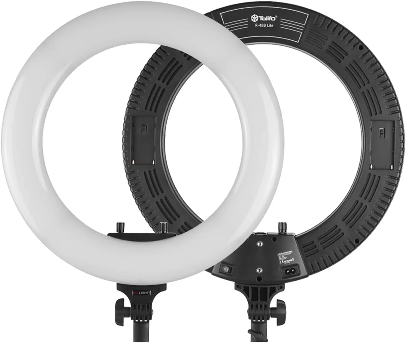 چراغ حلقه ای LED مدل Fawoonu R-48B Lite با قطر 18 اینچ، مناسب عکاسی استودیویی، توان 48 وات، روشنایی قابل تنظیم، دمای رنگ 3200-5600K به همراه آینه آرایشی، نگهدارنده گوشی هوشمند و کیف حمل