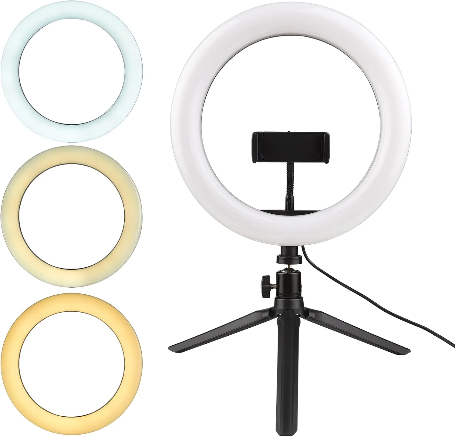 کیت نور حلقه ای 26 سانتی متری Fawoonu با 3 رنگ، لامپ دایره ای رومیزی چند رنگ با پایه و نگهدارنده تلفن، 3200K-6000K، 10 روشنایی قابل تنظیم برای پخش زنده/کنفرانس/آرایش کیت نور حلقه ای 26 سانتی متری Fawoonu با 3 رنگ، لامپ دایره ای رومیزی چند رنگ با پایه و نگهدارنده تلفن، 3200K-6000K، 10 روشنایی قابل تنظیم برای پخش زنده/کنفرانس/آرایش
