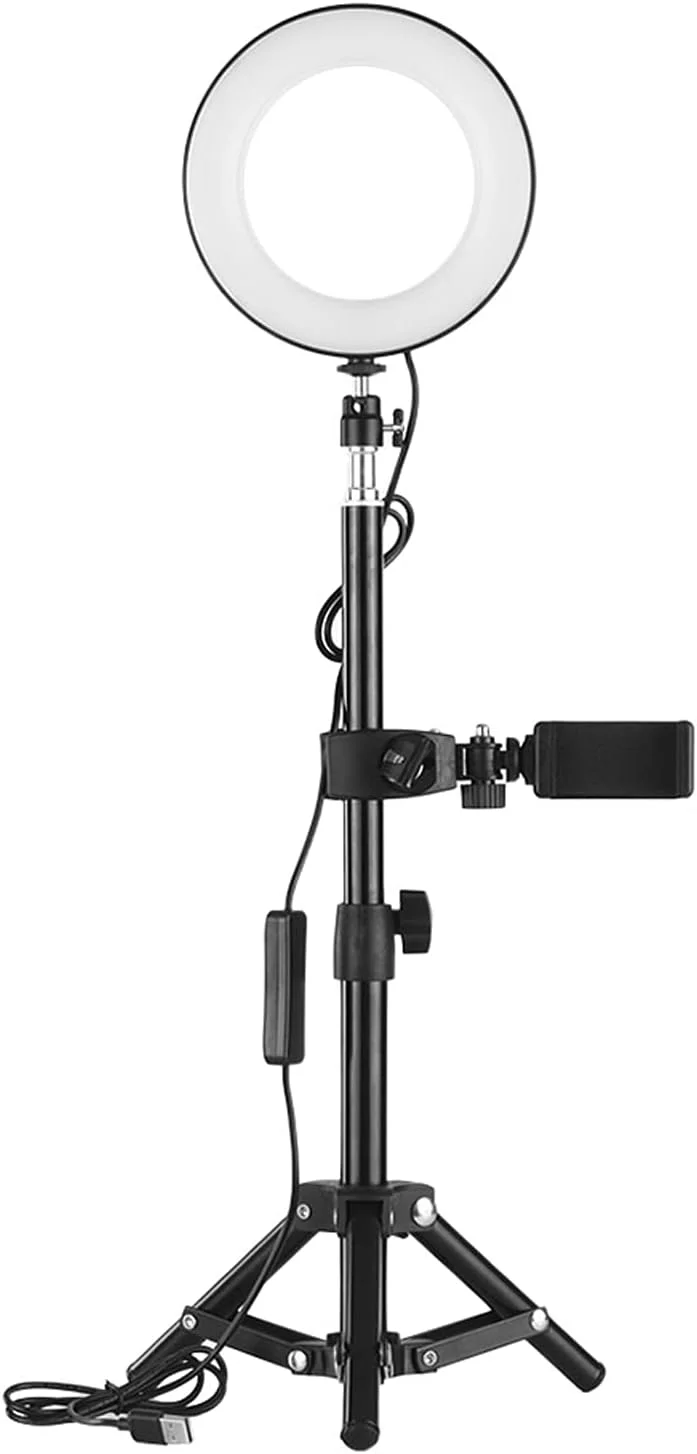 چراغ عکاسی، چراغ حلقه ای LED قابل حمل رومیزی 6 اینچی برای سلفی 3000-6000K با 3 حالت نور و روشنایی قابل تنظیم با پایه و ریموت کنترل بی سیم و نگهدارنده تلفن همراه برای ویدیوهای یوتیوب
