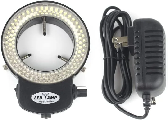 حلقه نور 144 LED برای میکروسکوپ، روشنایی 0-100% قابل تنظیم، آداپتور AC 110V-220V (رنگ: مشکی)