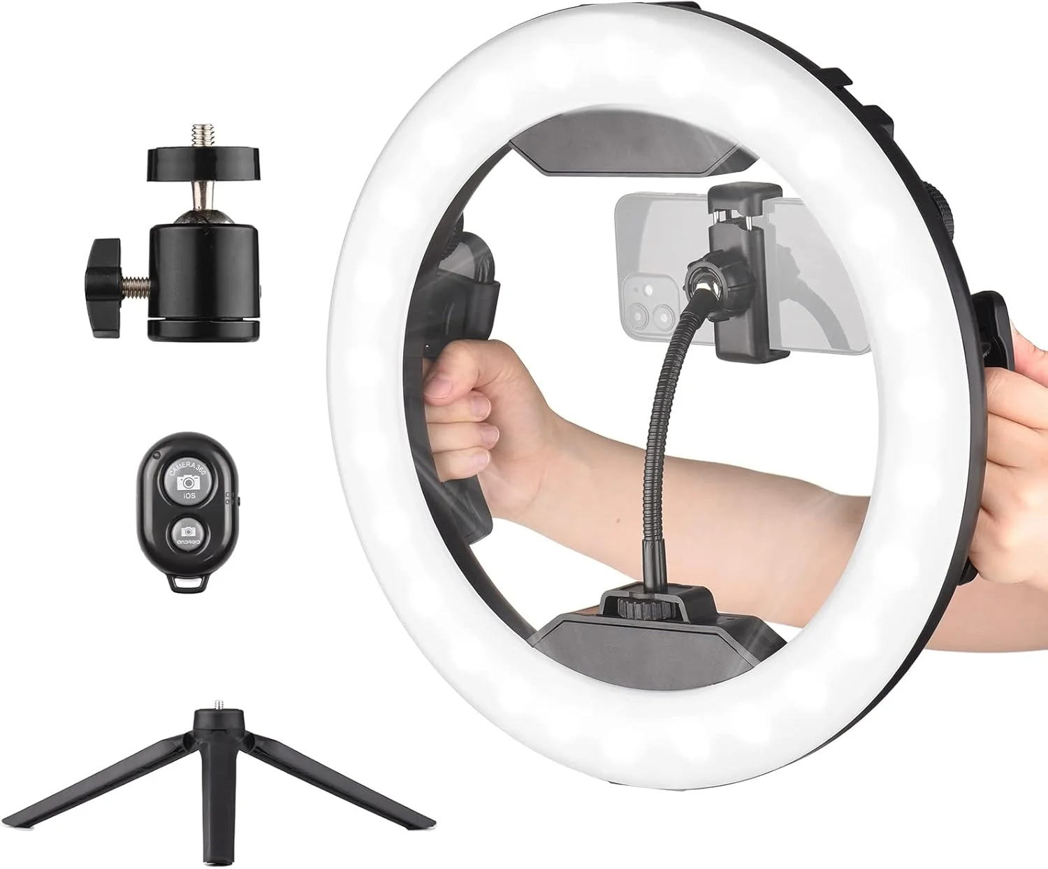 نور حلقه ای LED دستی 12 اینچی برای ویدیو، با قابلیت تنظیم نور 3200K-5500K، باتری داخلی، دو دسته در پشت، به همراه سه پایه رومیزی + آداپتور سر توپی + نگهدارنده انعطاف پذیر تلفن همراه برای پخش زنده، سلفی و آرایش