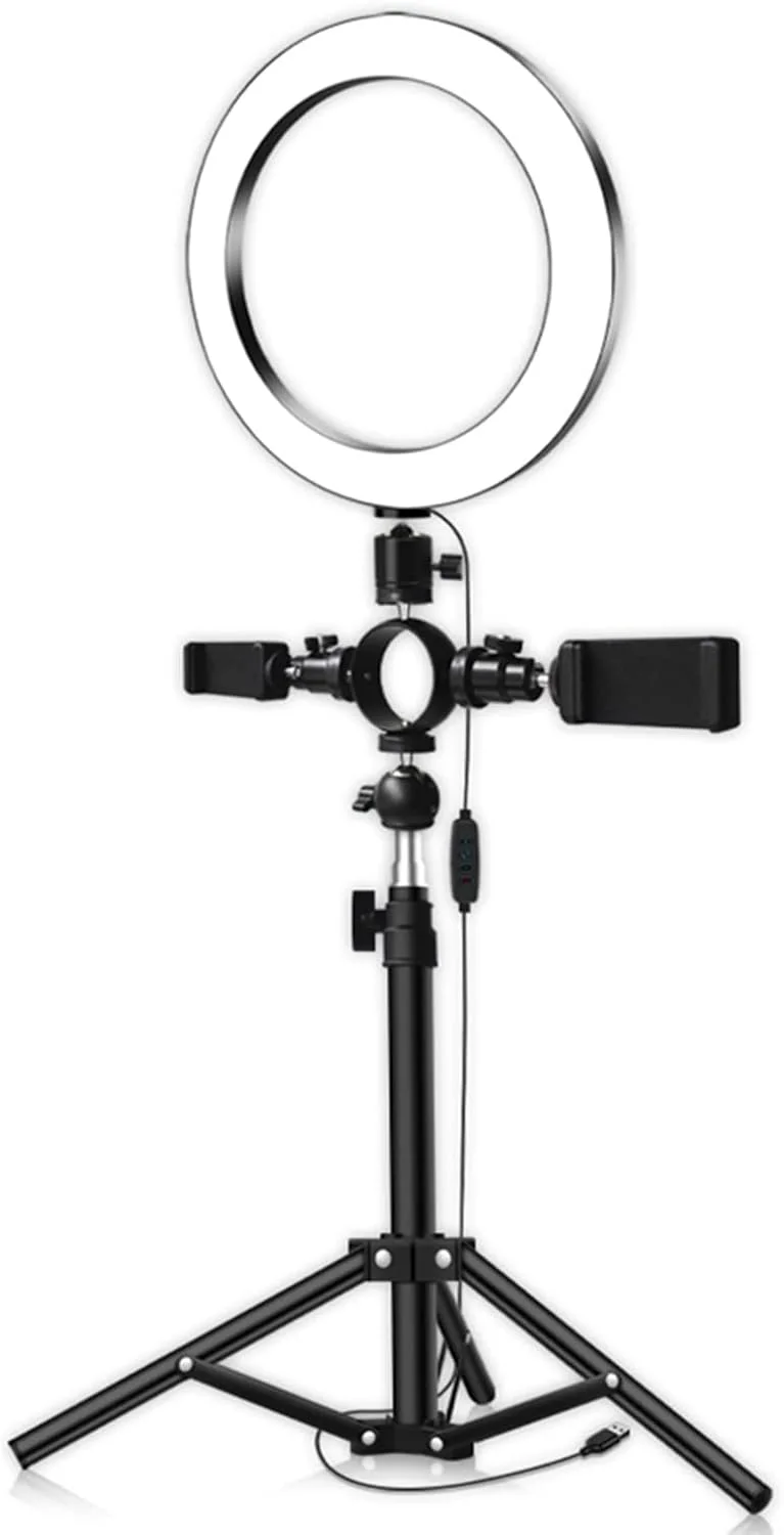 چراغ LED با قابلیت شارژ USB Fawoonu به همراه گیره تلفن و پایه، دارای 3 حالت نورپردازی و 10 سطح تنظیم نور برای آرایش، عکاسی سلفی، پخش زنده و فیلمبرداری