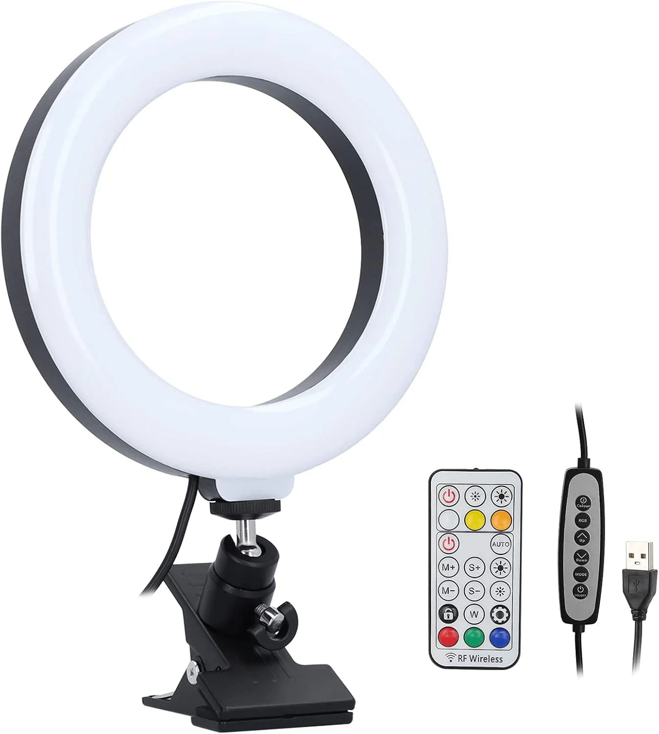 حلقه نور سلفی LED 16 سانتی متری، نور دایره ای RGB با چرخش 360 درجه برای کامپیوتر، نور وب کم USB با گیره نگهدارنده، کنترل از راه دور، 2800k-7200k، سوراخ پیچ 1/4 اینچی، برای سلفی، آرایش، مانیکور