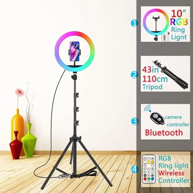 نور حلقه ای RGB سلفی 30 سانتی متری با سه پایه و نگهدارنده گوشی مناسب عکاسی، نورپردازی و آرایش (نوع RGB 10 اینچی)