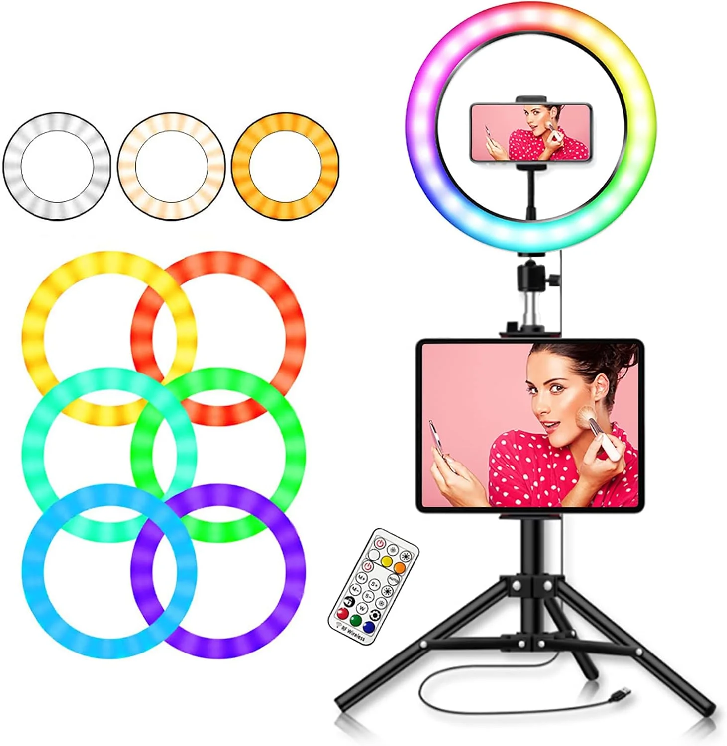 نور حلقه ای LED RGB ایرومی 10 اینچی، کیت نورپردازی با رنگ های قابل تنظیم، دمای رنگ و روشنایی برای آرایش، پخش زنده، فیلمبرداری، سلفی و عکاسی خلاقانه