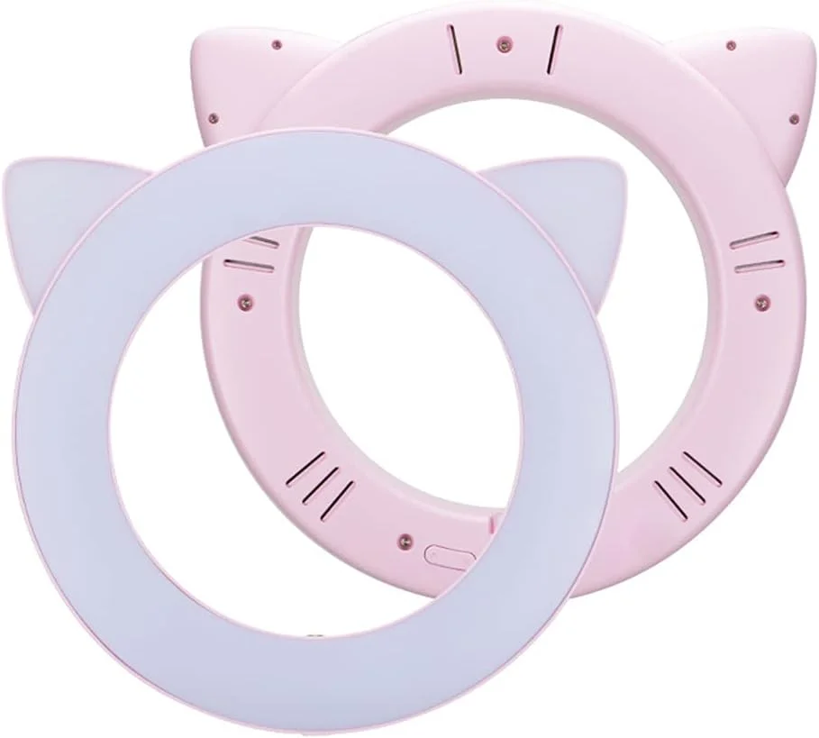 نور حلقه ای STUFY، نور پرکننده قابل تنظیم، نور ملایم LED DC5V آرایش با گیره تلفن برای عکاسی، پخش زنده، تجهیزات پخش زنده (رنگ: گربه صورتی)