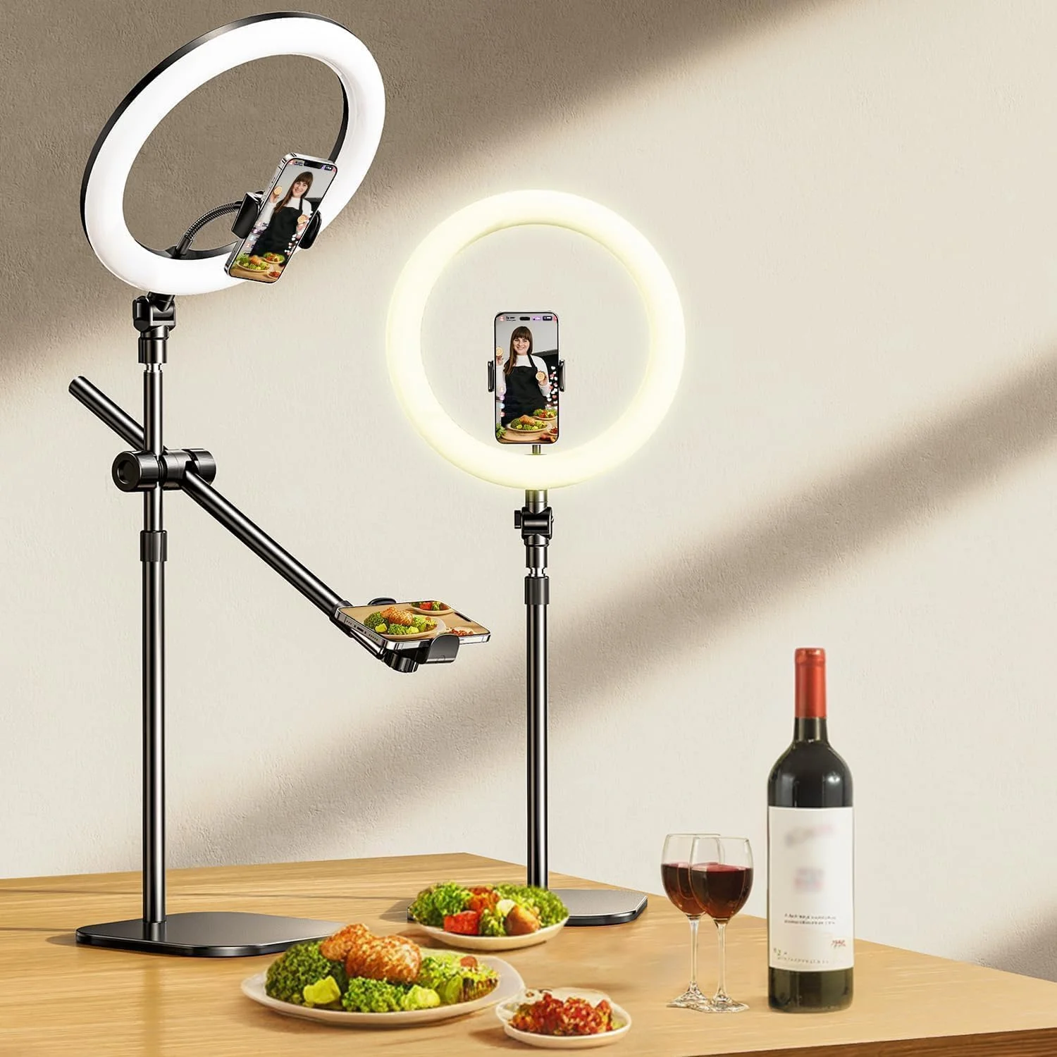 حلقه نور سلفی با سه پایه و نگهدارنده تلفن، پایه دوربین بالای سر برای تلفن با حلقه های نور 10.5 اینچی، بازوی تیراندازی قابل تنظیم برای ضبط ویدیو، یوتیوب، تیک تاک