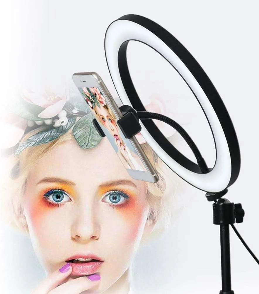 نور ال ای دی، رینگ لایت ال ای دی 10 اینچی مناسب پخش زنده و سلفی، با قابلیت تنظیم نور و 3 حالت نوری (پلاستیکی)