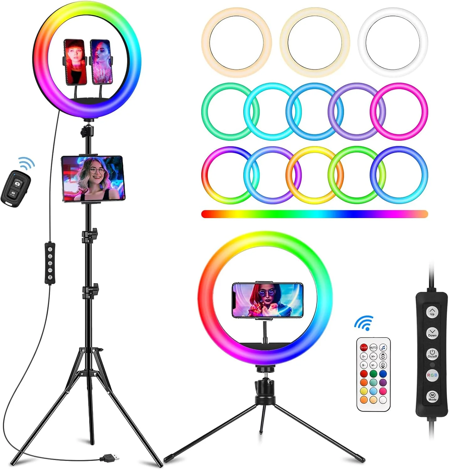 حلقه نور RGB استالی 31.2 سانتی متری با پایه 190 سانتی متری و 2 نگهدارنده تلفن، شاتر از راه دور، نگهدارنده تبلت آیپد، سه پایه رومیزی، حلقه نور با 3 حالت CCT و 29 حالت رنگی برای پخش زنده/آرایش/یوتیوب/تیک تاک