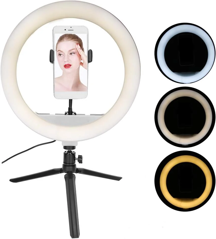 حلقه نور ال ای دی با پایه قابل تنظیم، نورپردازی زنده 30 سانتی متری با 3 رنگ نور و روشنایی قابل تنظیم، نور تکمیلی سلفی، نورپردازی ویدئویی، حلقه نور سلفی با پایه سه پایه