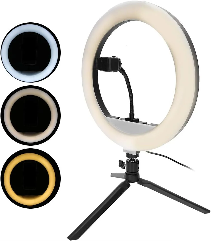 حلقه نور ال ای دی با پایه قابل تنظیم، نورپردازی زنده 30 سانتی متری با 3 رنگ نور و روشنایی قابل تنظیم، نور تکمیلی سلفی، نورپردازی ویدئویی، حلقه نور سلفی با پایه سه پایه