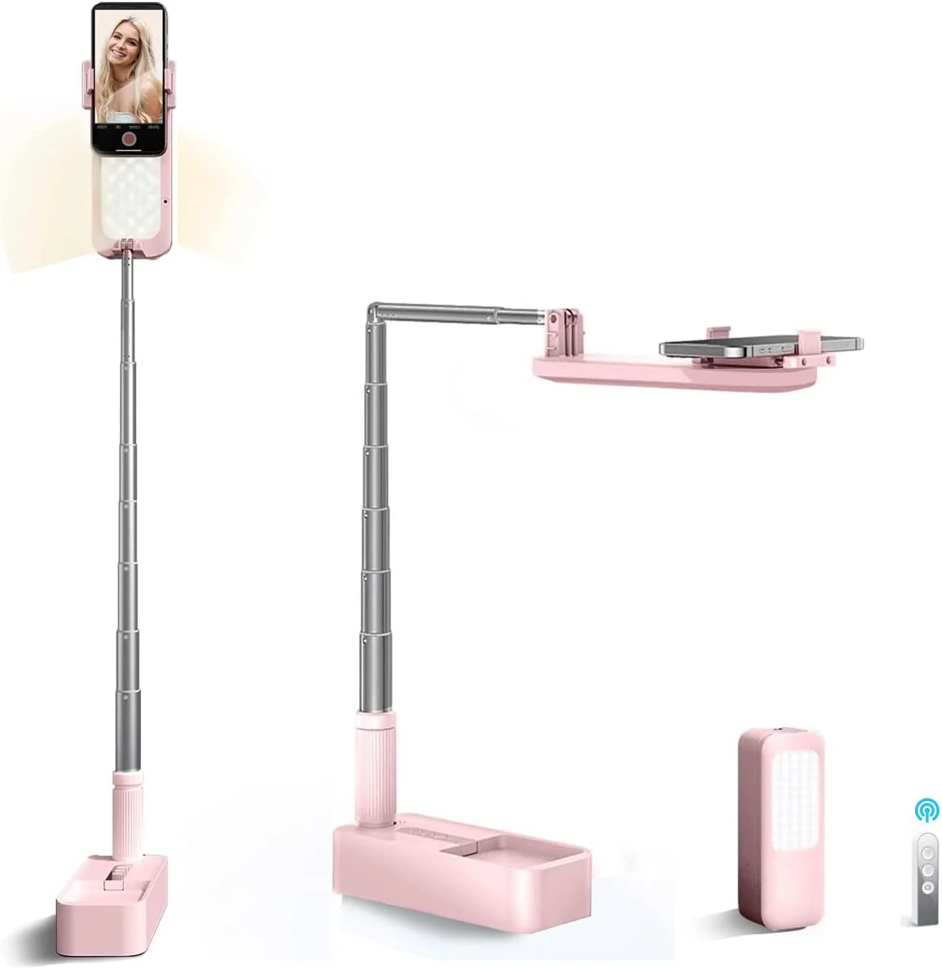 پایه نگهدارنده گوشی سلفی تلسکوپی، پایه نگهدارنده گوشی برای ضبط ویدیو، چراغ LED تاشو بی سیم قابل شارژ با 7 روشنایی، برای پخش زنده/یوتیوب/تیک تاک/ضبط ویدیو/عکاسی/مطالعه (صورتی)