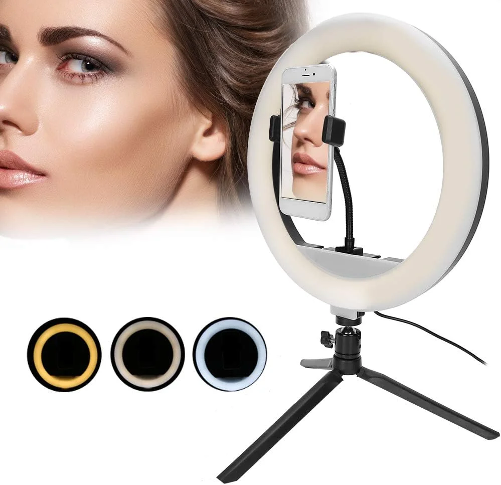 حلقه نور ال ای دی با پایه قابل تنظیم، نورپردازی زنده 30 سانتی متری با 3 رنگ نور و روشنایی قابل تنظیم، نور تکمیلی سلفی، نورپردازی ویدئویی، حلقه نور سلفی با پایه سه پایه