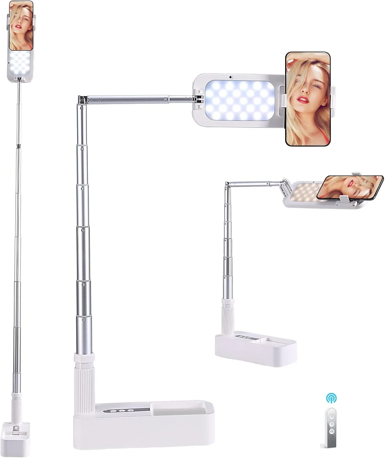 پایه نگهدارنده گوشی سلفی تلسکوپی، پایه نگهدارنده گوشی برای ضبط ویدیو، چراغ LED تاشو بی سیم قابل شارژ با 7 سطح روشنایی، برای پخش زنده/یوتیوب/تیک تاک/ضبط ویدیو/عکاسی/مطالعه (سفید)