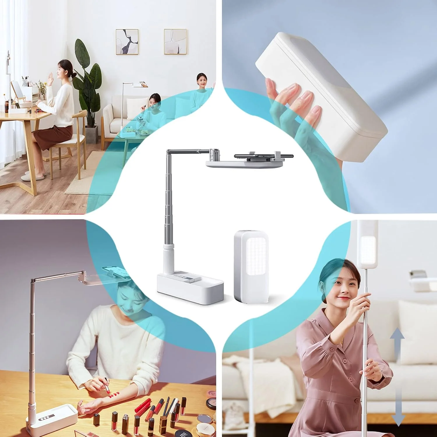 پایه نگهدارنده گوشی سلفی تلسکوپی، پایه نگهدارنده گوشی برای ضبط ویدیو، چراغ LED تاشو بی سیم قابل شارژ با 7 سطح روشنایی، برای پخش زنده/یوتیوب/تیک تاک/ضبط ویدیو/عکاسی/مطالعه (سفید)