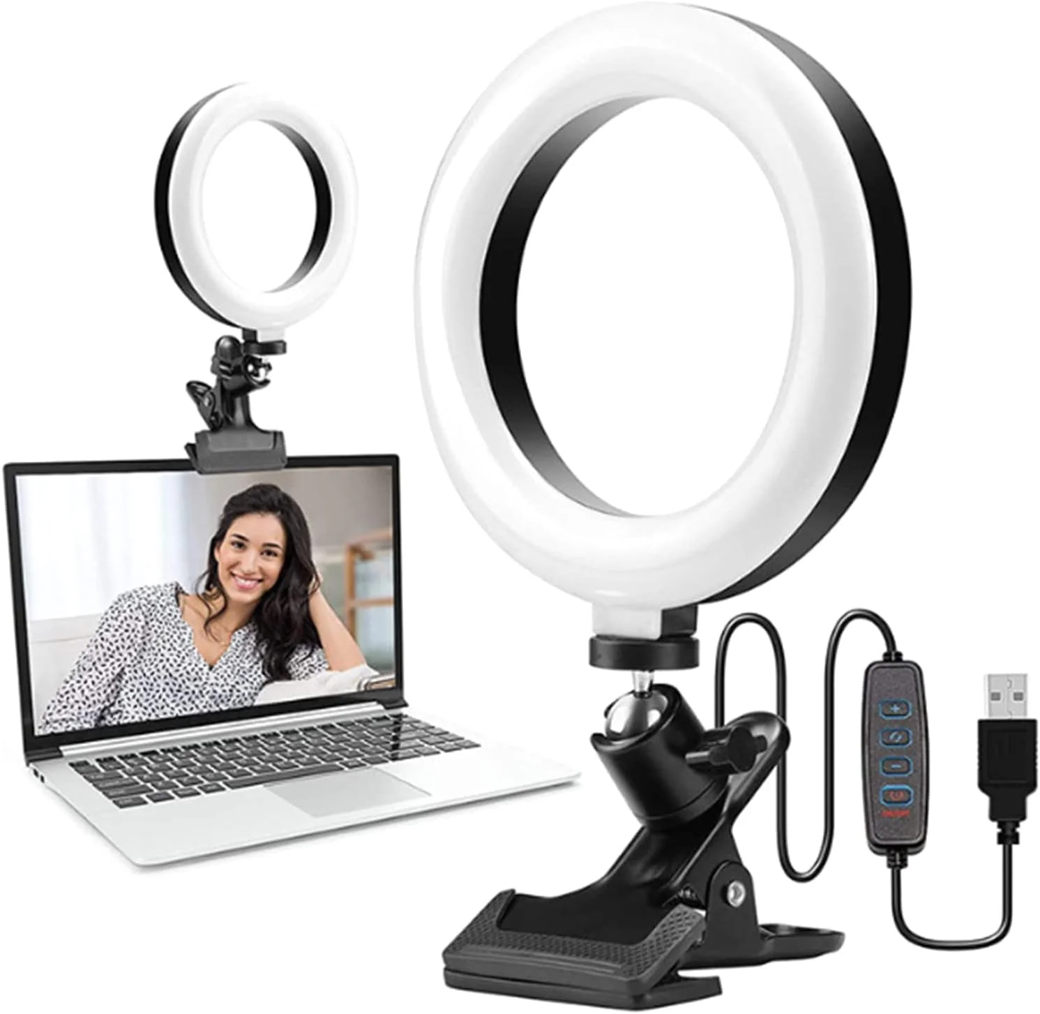 حلقه نور سلفی ال ای دی 6 اینچی Pepisky با گیره، تغذیه از طریق USB، دارای 3 رنگ نور و 10 سطح روشنایی قابل تنظیم و زاویه تابش قابل تنظیم برای لپ تاپ و کامپیوتر، مناسب برای جلسات ویدیویی