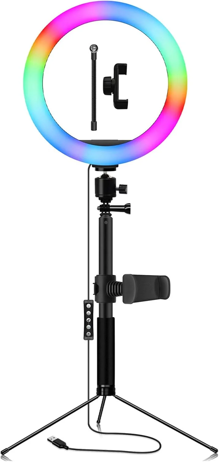 نور ال ای دی RGB سلفی 10 اینچی با پایه سه پایه و نگهدارنده تلفن همراه، مجموعه نور ال ای دی دیمر پذیر برای عکاسی و پخش زنده نور ال ای دی RGB سلفی 10 اینچی با پایه سه پایه و نگهدارنده تلفن همراه، مجموعه نور ال ای دی دیمر پذیر برای عکاسی و پخش زنده